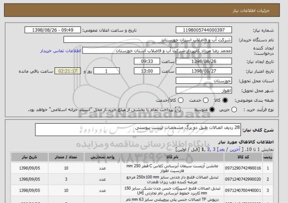 استعلام 28 ردیف اتصالات طبق دو برگ مشخصات لیست پیوستی
