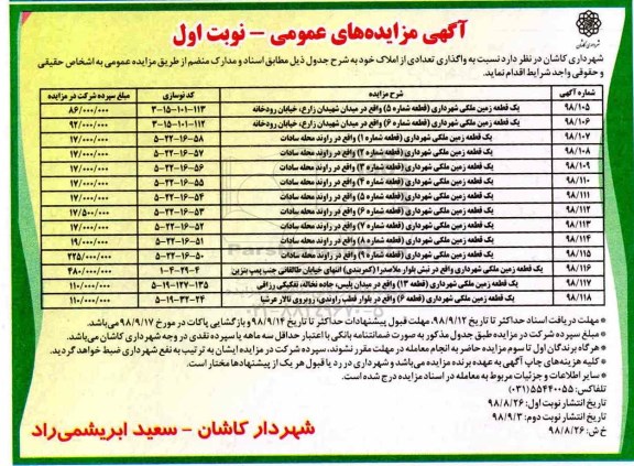 مزایده، مزایده واگذاری تعدادی از املاک