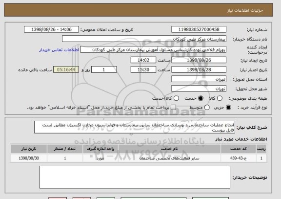 استعلام انجاج عملیات ساختمانی و نوسازی ساختمان سابق بیمارستان و فوانداسیون مخازن اکسیژن مطابق لست فایل پیوست