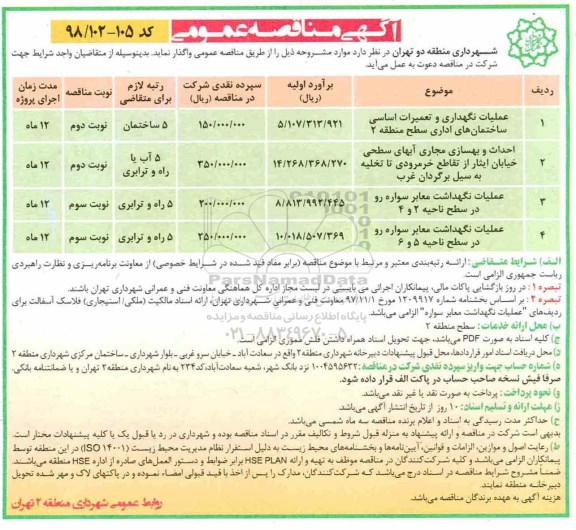 آگهی مناقصه، مناقصه واگذاری عملیات نگهداری و تعمیرات اساسی ساختمان های اداری