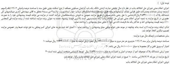 مزایده، مزایده فروش شش دانگ یک باب آپارتمان مسکونی همکف