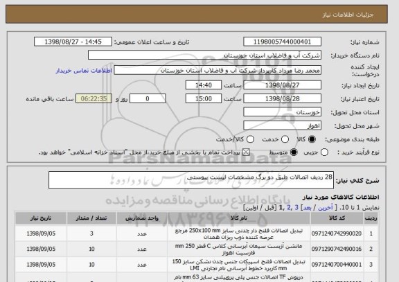 استعلام 28 ردیف اتصالات طبق دو برگ مشخصات لیست پیوستی