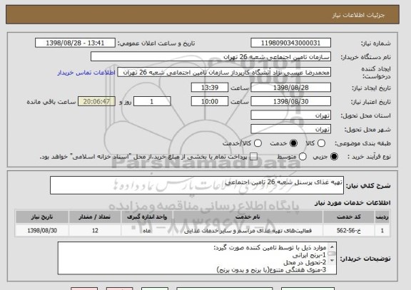 استعلام تهیه غذای پرسنل شعبه 26 تامین اجتماعی 