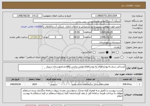 استعلام آبرسانی سیار به روستاهای به روستاهای بخش پیشین واقع در شهرستان سرباز