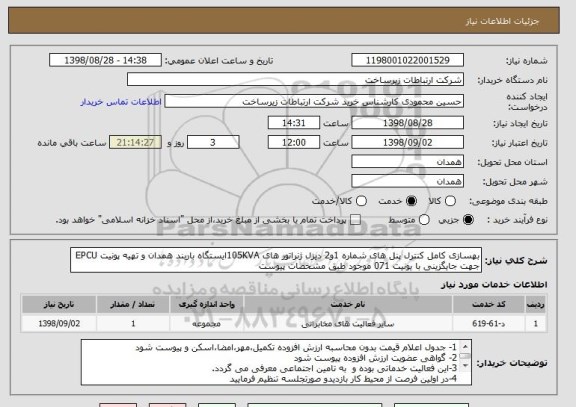 استعلام بهسازی کامل کنترل پنل های شماره 1و2 دیزل ژنراتور های 105KVAایستگاه باربند همدان و تهیه پونیت EPCU جهت جایگزینی با یونیت 071 موجود طبق مشخصات پیوست