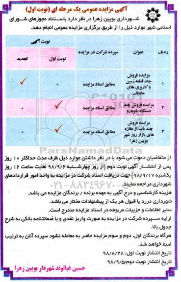 مزایده، مزایده فروش چند قطعه زمین و چند دستگاه خودرو