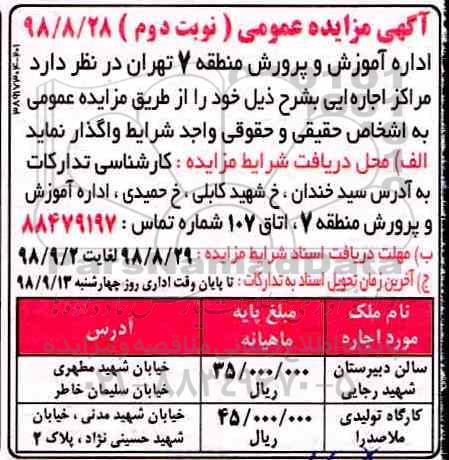 مزایده, مزایده اجاره  سالن دبیرستان و... نوبت دوم 