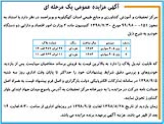 مزایده، مزایده فروش دو دستگاه پژو 405 سواری