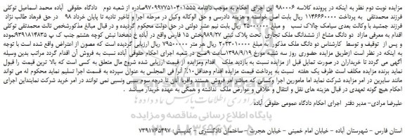 مزایده، مزایده فروش مازاد دو دانگ مشاع از ششدانگ ملک تجاری  تحت پلاک ثبتی 989/27-نوبت دوم