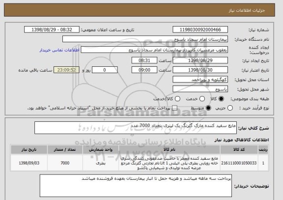 استعلام مایع سفید کننده مارک گلرنگ یک لیتری بتعداد 7000 عدد