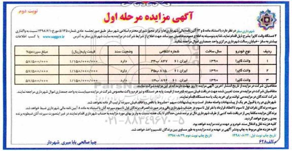 مزایده, مزایده سه دستگاه وانت کاپرا - نوبت دوم