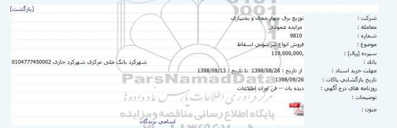 آگهی مزایده عمومی, مزایده فروش انواع تیر بتونی اسقاط
