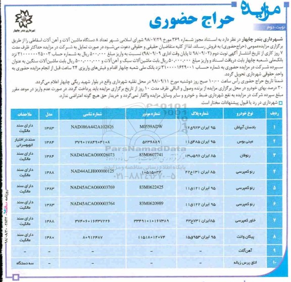 مزایده, مزایده تعداد 8 دستگاه ماشین آلات و آهن آلات اسقاطی - نوبت دوم