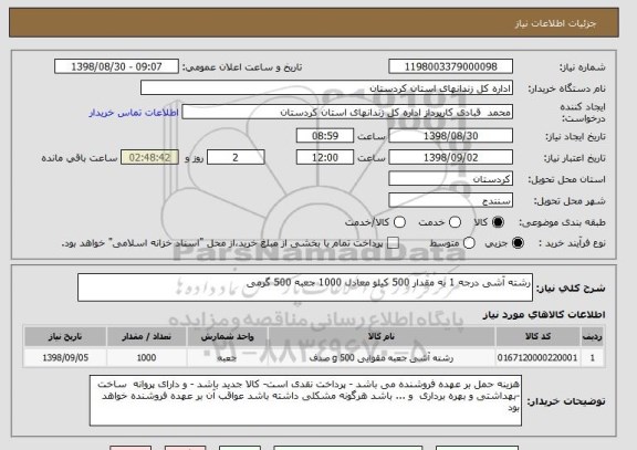 استعلام رشته آشی درجه 1 به مقدار 500 کیلو معادل 1000 جعبه 500 گرمی
