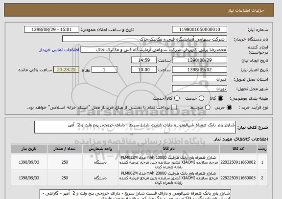 استعلام شارژر پاور بانک همراه شیائومی و دارای فست شارژ سریع - دارای خروجی پنج ولت و 2  آمپر