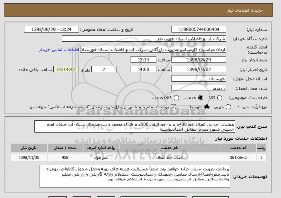 استعلام عملیات اجرایی اتصال خط 400م م به خط انتقال500م م فلزی موجود و سروصلهای شبکه آب خیابان امام خمینی شهررامهرمز مطابق اسنادپیوست