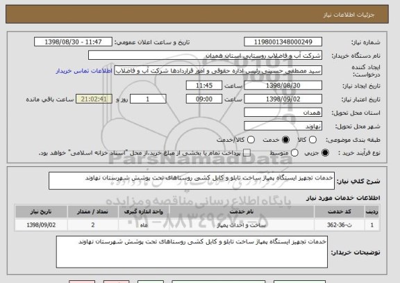 استعلام خدمات تجهیز ایستگاه پمپاژ ساخت تابلو و کابل کشی روستاهای تحت پوشش شهرستان نهاوند