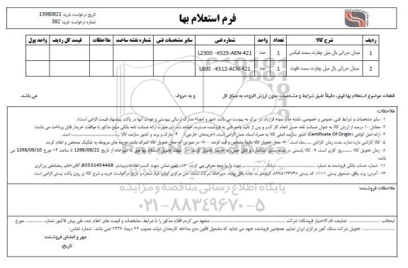 استعلام مبدل حرارتی بال میل چغارت سمت فیکس 