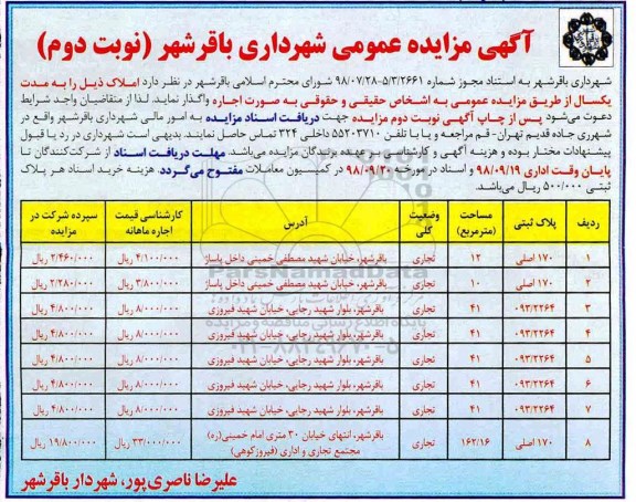 آگهی مزایده عمومی , مزایده اجاره املاک نوبت دوم 
