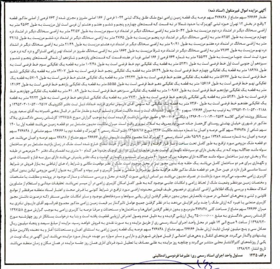 آگهی مزایده مزایده مقدار 266.66 سهم مشاع از 476848 سهم زمین