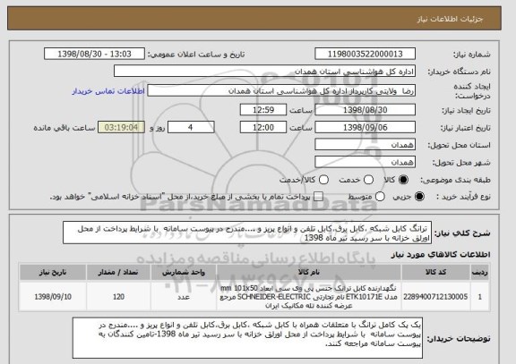 استعلام  ترانگ کابل شبکه ،کابل برق،کابل تلفن و انواع پریز و ....مندرج در پیوست سامانه  با شرایط پرداخت از محل اورلق خزانه با سر رسید تیر ماه 1398