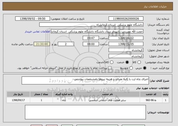 استعلام اجرای چاه ارت با کلیه مصالح و هزینه نیروها بامشخصات پیوستی