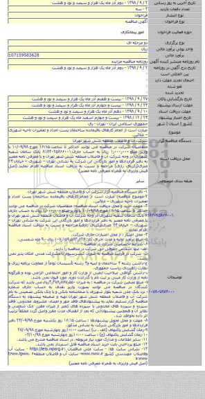 عبارت است از انجام کارهای باقیمانده ساختمان پست امداد و تعمیرات ناحیه شهرری – علائین.