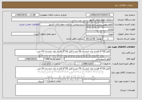 استعلام کابل 25*4 افشار نژاد خراسان 70 متر و کابل 16*5 افشار نژاد خراسان 70 متر .