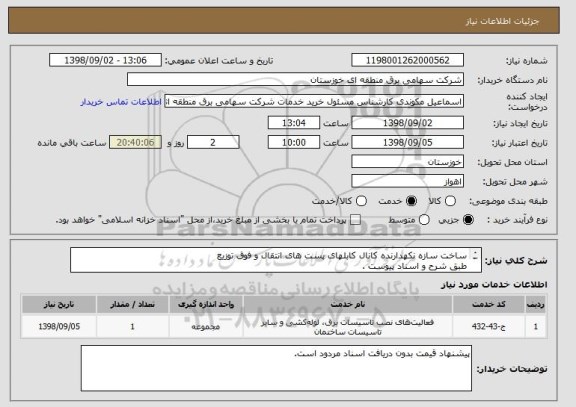 استعلام ساخت سازه نکهدارنده کانال کابلهای پست های انتقال و فوق توزیع
طبق شرح و اسناد پیوست .
