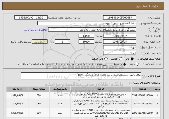 استعلام برای تجهیز سیستم امنیتی ساختمان های دانشگاه جامع