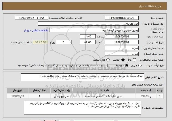 استعلام اجرای سنگ پله وزیرپله بصورت شمش (8)سانتی به همراه زیرسازی وپوکه ریزی(468مترطول)