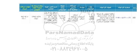 مناقصه عمومی, مناقصه عمومی یک مرحله ای احداث خیابان و جدول گذاری