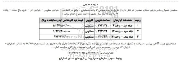 مزایده ,مزایده اجاره 3 واحد مسکونی