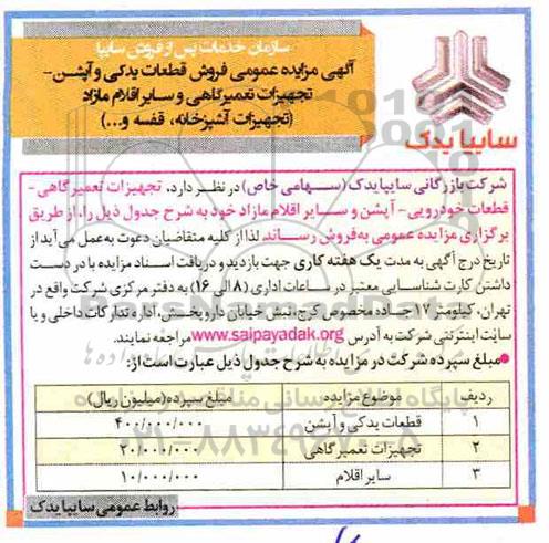 مزایده، مزایده عمومی فروش قطعات یدکی و آپشن...