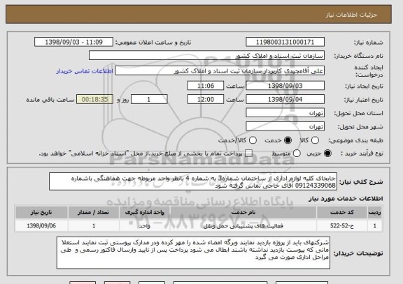 استعلام جابجای کلیه لوازم اداری از ساختمان شماره3 به شماره 4 بانظر واحد مربوطه جهت هماهنگی باشماره 09124339068 آقای خاجی تماس گرفته شود