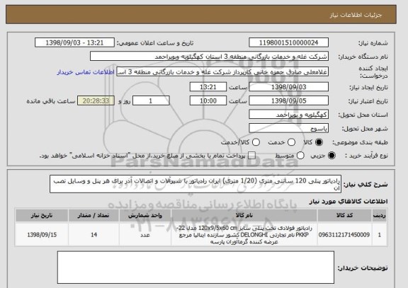 استعلام رادیاتور پنلی 120 سانتی متری (1/20 متری) ایران رادیاتور با شیرآلات و اتصالات آذر برای هر پنل و وسایل نصب آن