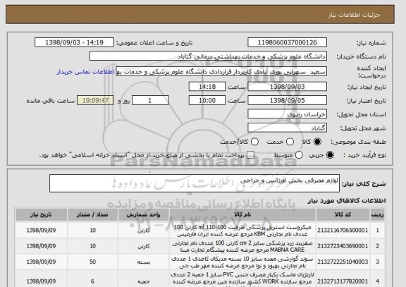 استعلام لوازم مصرفی بخش اورژانس و جراحی