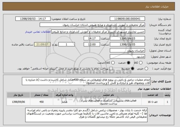 استعلام انجام عملیات زراعی و باغی در پروزه های تحقیقاتی در سطح 450هکتار شامل کاشت و داشت (ئ مبارزه با آفات وعلفهای هرز و آبیاری و کلش ) و برداشت محصول