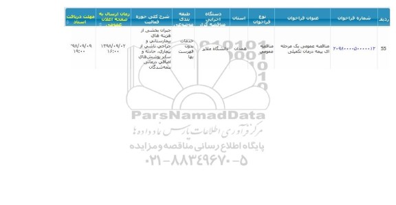 مناقصه, مناقصه عمومی یک مرحله ای بیمه درمان تکمیلی