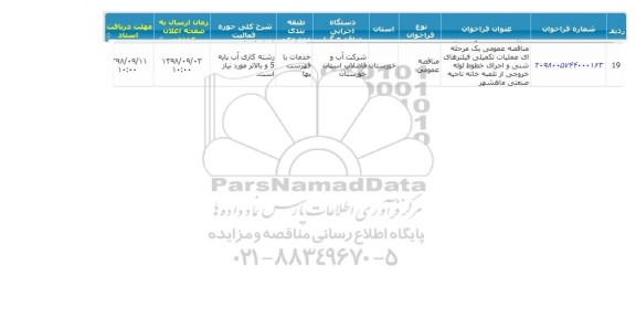 مناقصه عملیات تکمیلی فیلترهای شنی