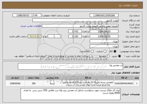 استعلام آب معدنی وتا 