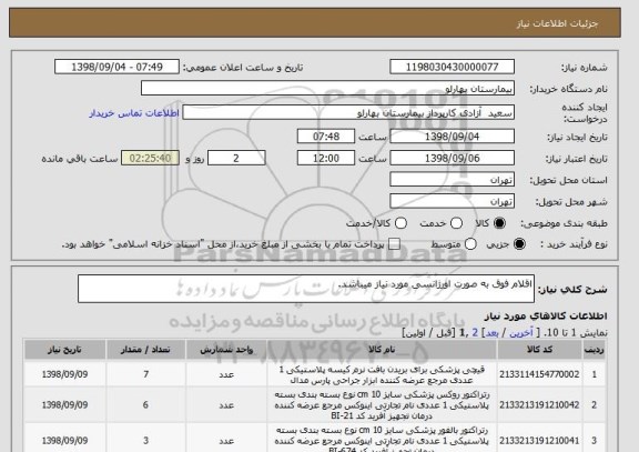 استعلام اقلام فوق به صورت اورژانسی مورد نیاز میباشد.