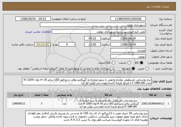 استعلام برج روشنایی تلسکوپی دوازده وجهی با سبد متحرک و گیربکس برقی و پرژکتور LED سایز 18 m توان 3200 W مدل LT-18M-GM مرجع عرضه کننده مهندسی روئین نور آریا 
