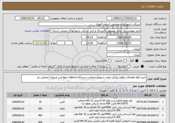 استعلام خرید لوله واتصالات لوازم ابیاری جهت شهرک صنعتی سیرجان و ماهان ونواحی شهرک صنعتی بم