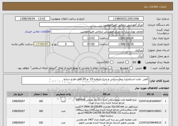 استعلام کفی  تخت استاندارد بیمارستانی و چرخ شماره 15  و 20 قفل دار و ساده 