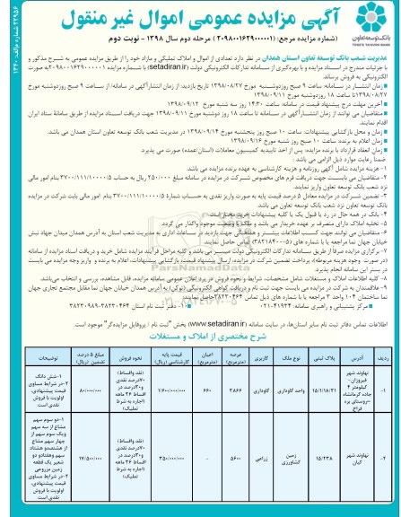 مزایده,مزایده فروش تعدادی از اموال و املاک تملیکی و مازاد نوبت دوم مرحله دوم 