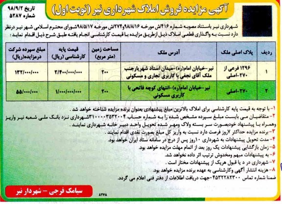 آگهی مزایده , مزایده فروش املاک کاربری تجاری و مسکونی نوبت اول