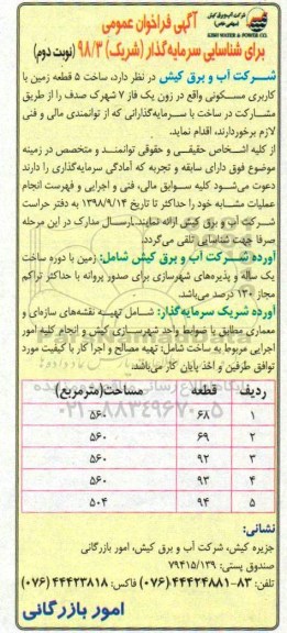 فراخوان عمومی , فراخوان شناسایی سرمایه گذار جهت ساخت 5 قطعه زمین با کاربری مسکونی نوبت دوم 