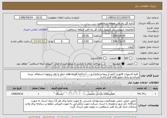استعلام کلیه کسورات قانونی (اعم از بیمه و مالیات و ... ) و کلیه هزینه های حمل و نقل برعهده استعلام برنده میباشدو دارای مجوز های لازم باشد.