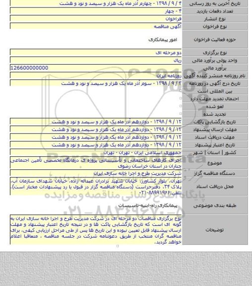 اجرای کارهای ساختمانی و تأسیساتی پروژه ی درمانگاه تخصصی تأمین اجتماعی چناران در استان خراسان رضوی